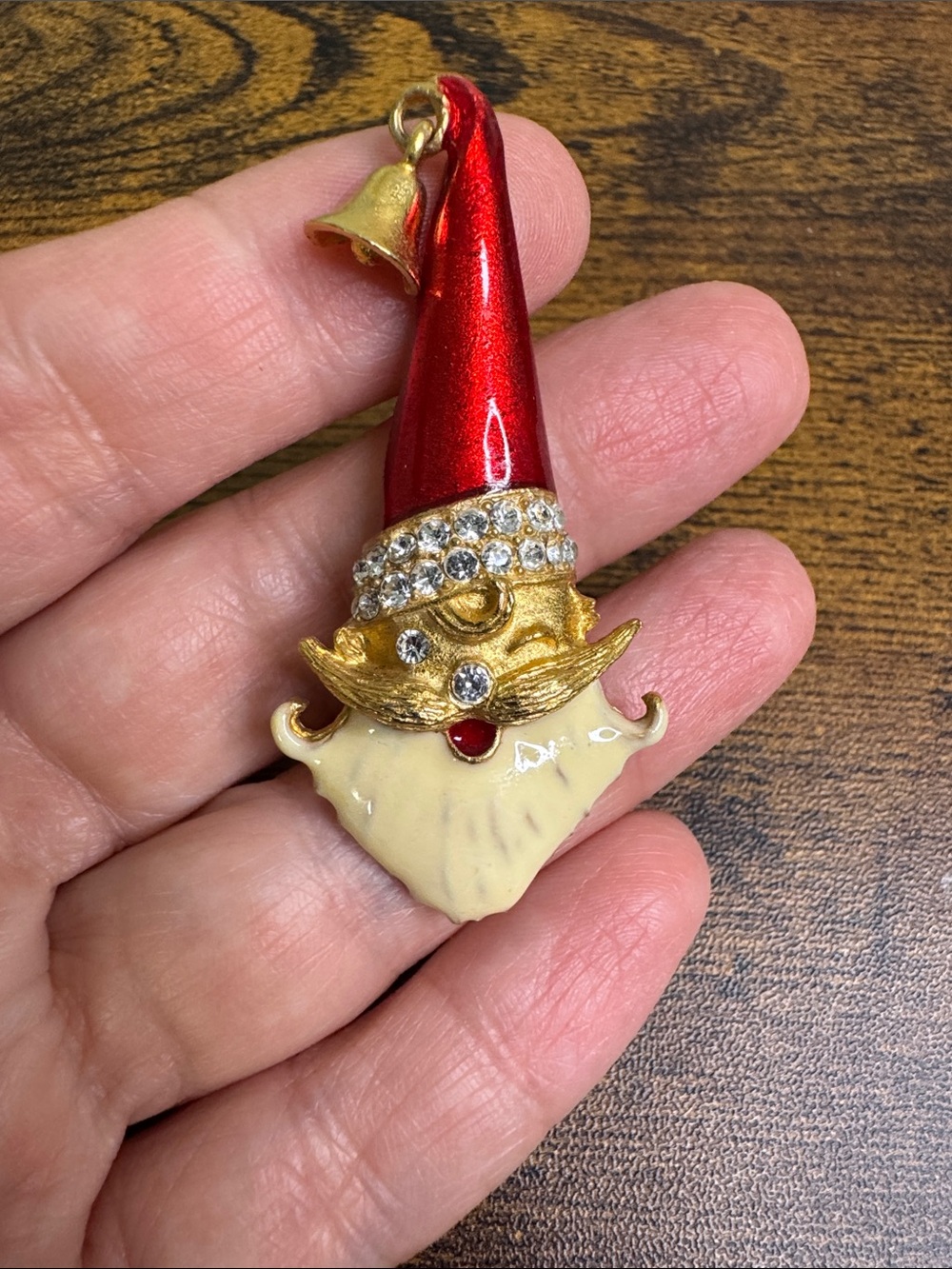Vintage Red and Gold Santa Brooch with Clear Rhinestones